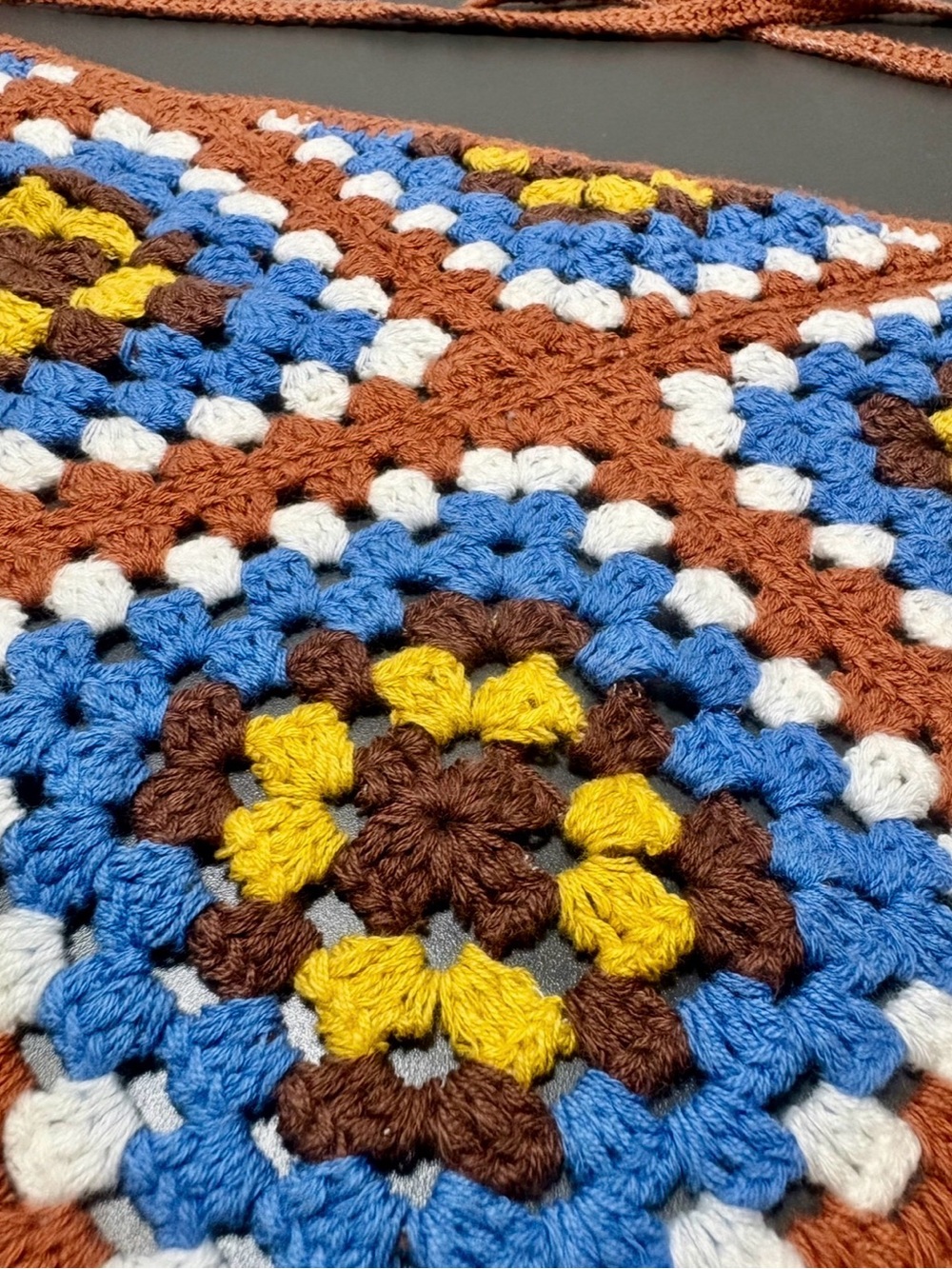 Crochet Triangle Bandana Scarf in Blue, Yellow & Brown - Picture 3 of 4